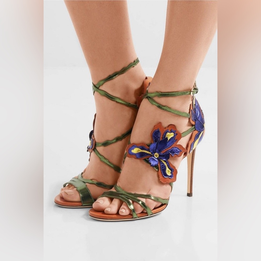 NEW Jimmy Choo Lolita 100 floral-appliquéd leather sandals 38.5 8 Canyon RARE